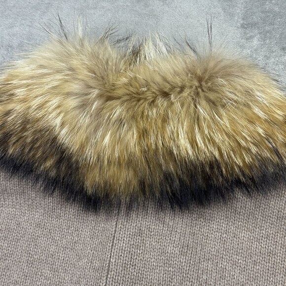 Yves Salomon Cashmere Sweater Cardigan Raccoon Fur Collar Brown Luxury Designer - Picture 7 of 12